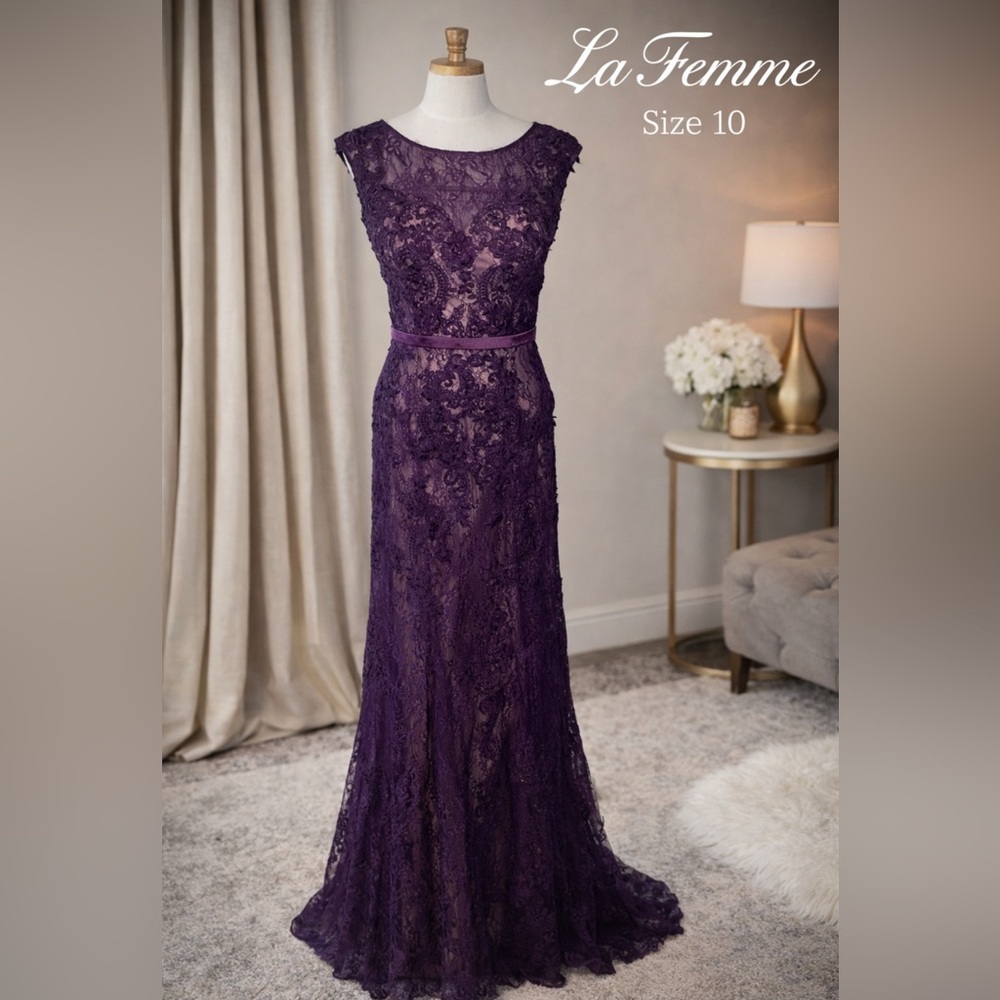 La Femme Deep Purple Lace Maxi Dress